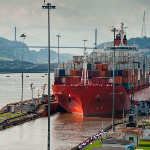 Cargo ship crossing at Miraflores Locks. Panama Canal, Panama, Central America